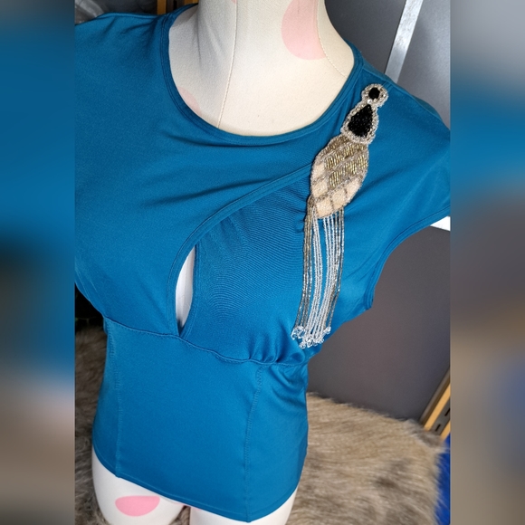 DEADSTOCK • Moda International • Vintage 90s Beaded Keyhole Stretch Blouse [M] - Picture 15 of 16